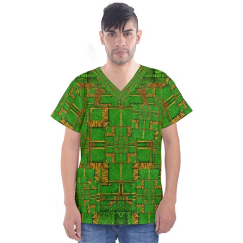 Golden Green And  Sunshine Pop Art Men s V-neck Scrub Top by pepitasart