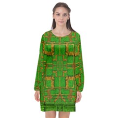 Golden Green And  Sunshine Pop Art Long Sleeve Chiffon Shift Dress  by pepitasart