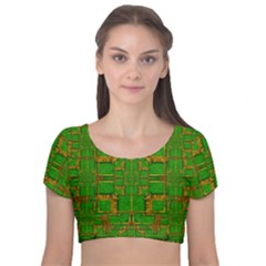 Golden Green And  Sunshine Pop Art Velvet Short Sleeve Crop Top 