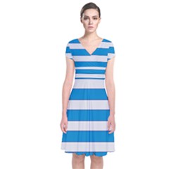 Blue And White Lines Short Sleeve Front Wrap Dress by berwies