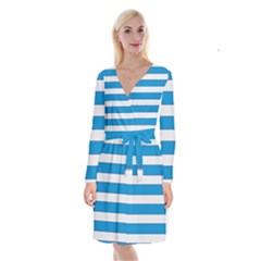 Blue And White Lines Long Sleeve Velvet Front Wrap Dress by berwies