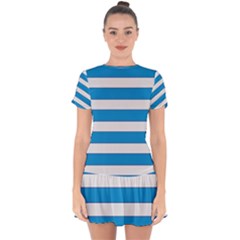 Blue And White Lines Drop Hem Mini Chiffon Dress