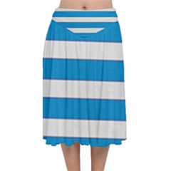 Blue And White Lines Velvet Flared Midi Skirt