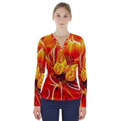 Arrangement Butterfly Aesthetics Orange Background V-neck Long Sleeve Top