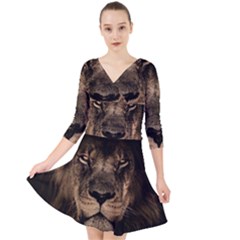 African Lion Mane Close Eyes Quarter Sleeve Front Wrap Dress	