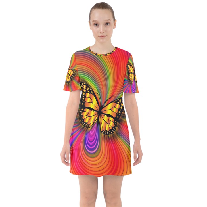 Arrangement Butterfly Aesthetics Sixties Short Sleeve Mini Dress