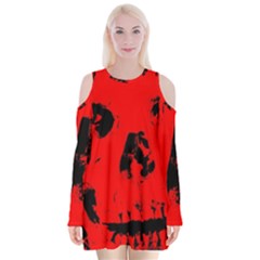 Halloween Face Horror Body Bone Velvet Long Sleeve Shoulder Cutout Dress by Celenk