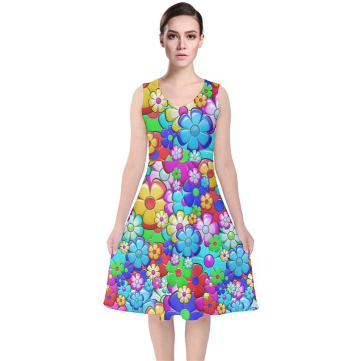 Flowers Ornament Decoration V-Neck Midi Sleeveless Dress 