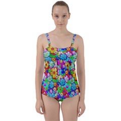 Flowers Ornament Decoration Twist Front Tankini Set