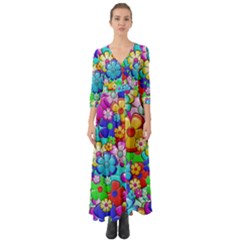 Flowers Ornament Decoration Button Up Boho Maxi Dress