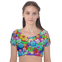 Flowers Ornament Decoration Velvet Short Sleeve Crop Top 