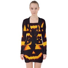 Pumpkin Helloween Face Autumn V-neck Bodycon Long Sleeve Dress