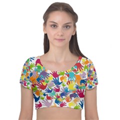 Volunteers Hands Voluntary Wrap Velvet Short Sleeve Crop Top 