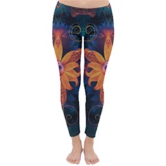 Beautiful Fiery Orange & Blue Fractal Orchid Flower Classic Winter Leggings by jayaprime