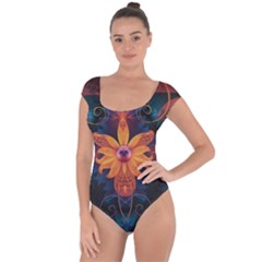 Beautiful Fiery Orange & Blue Fractal Orchid Flower Short Sleeve Leotard  by jayaprime