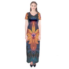 Beautiful Fiery Orange & Blue Fractal Orchid Flower Short Sleeve Maxi Dress by jayaprime