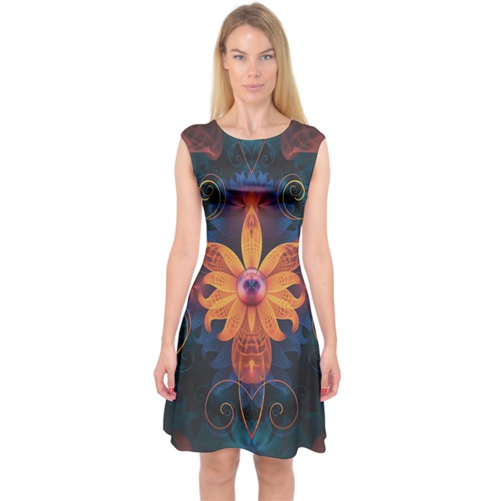 Beautiful Fiery Orange & Blue Fractal Orchid Flower Capsleeve Midi Dress