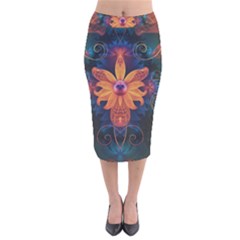 Beautiful Fiery Orange & Blue Fractal Orchid Flower Velvet Midi Pencil Skirt by jayaprime