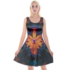 Beautiful Fiery Orange & Blue Fractal Orchid Flower Reversible Velvet Sleeveless Dress by jayaprime