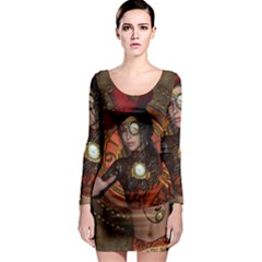 Steampunk, Wonderful Steampunk Lady Long Sleeve Bodycon Dress