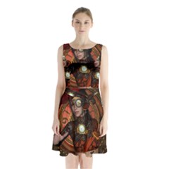 Steampunk, Wonderful Steampunk Lady Sleeveless Waist Tie Chiffon Dress