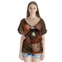 Steampunk, Wonderful Steampunk Lady V-neck Flutter Sleeve Top by FantasyWorld7