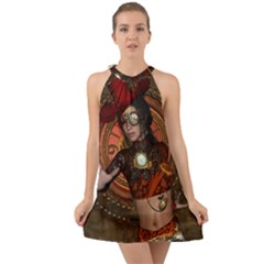 Steampunk, Wonderful Steampunk Lady Halter Tie Back Chiffon Dress