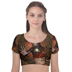 Steampunk, Wonderful Steampunk Lady Velvet Short Sleeve Crop Top 