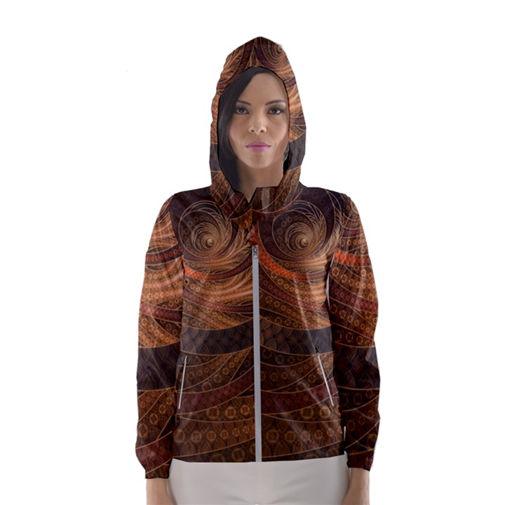 Brown, Bronze, Wicker, and Rattan Fractal Circles Hooded Wind Breaker (Women)