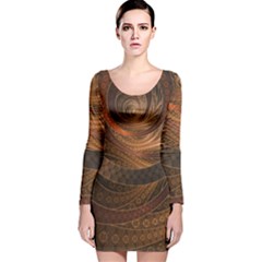 Brown, Bronze, Wicker, And Rattan Fractal Circles Long Sleeve Velvet Bodycon Dress by jayaprime