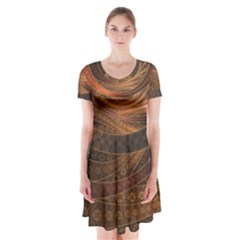 Brown, Bronze, Wicker, And Rattan Fractal Circles Short Sleeve V-neck Flare Dress by jayaprime