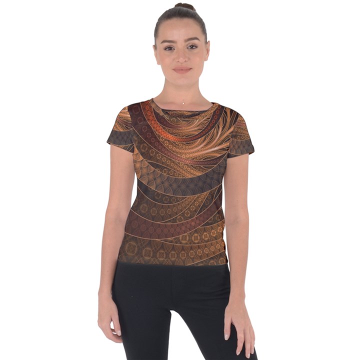 Brown, Bronze, Wicker, and Rattan Fractal Circles Short Sleeve Sports Top 