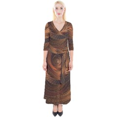 Brown, Bronze, Wicker, And Rattan Fractal Circles Quarter Sleeve Wrap Maxi Dress