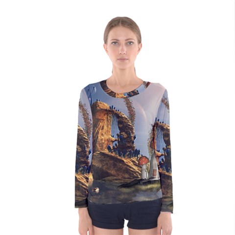 Wonderful Seascape With Mushroom House Women s Long Sleeve Tee by FantasyWorld7