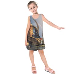 Wonderful Seascape With Mushroom House Kids  Sleeveless Dress by FantasyWorld7