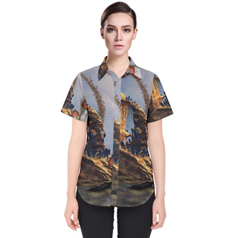 Wonderful Seascape With Mushroom House Women s Short Sleeve Shirt by FantasyWorld7