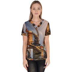 Wonderful Seascape With Mushroom House Scrub Top by FantasyWorld7