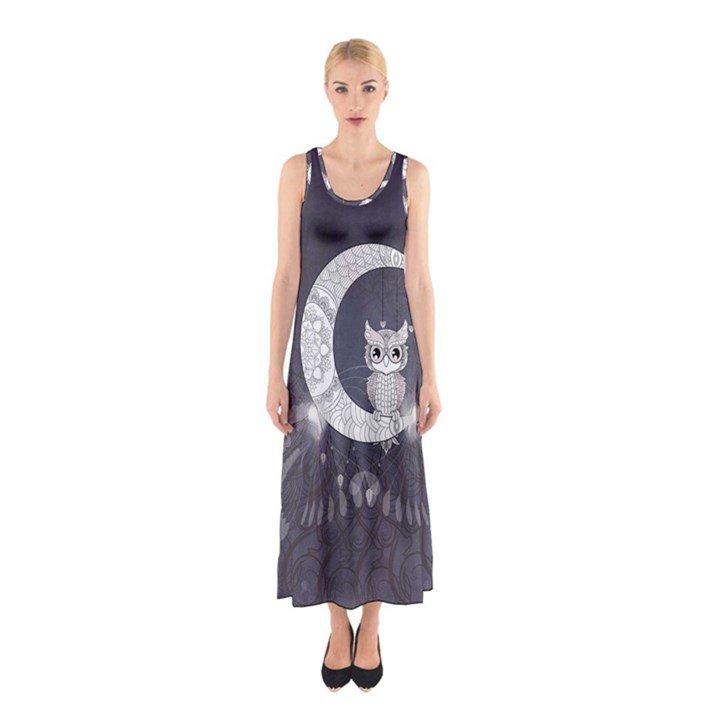 Mandala, Cute Owl On The Moon Sleeveless Maxi Dress