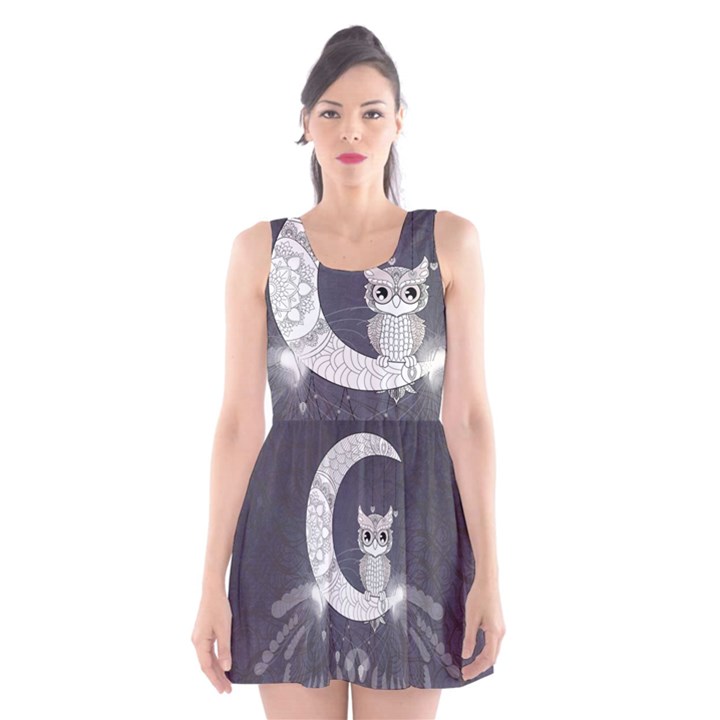 Mandala, Cute Owl On The Moon Scoop Neck Skater Dress