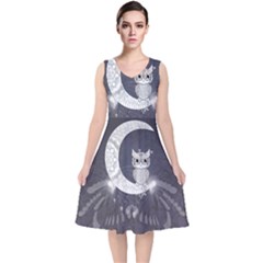 Mandala, Cute Owl On The Moon V-neck Midi Sleeveless Dress  by FantasyWorld7