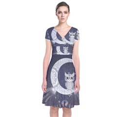 Mandala, Cute Owl On The Moon Short Sleeve Front Wrap Dress by FantasyWorld7