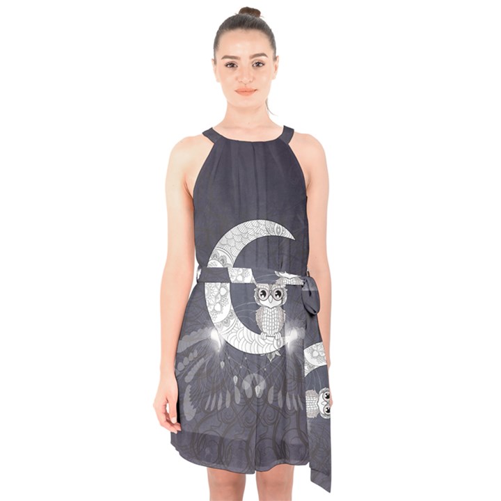 Mandala, Cute Owl On The Moon Halter Collar Waist Tie Chiffon Dress