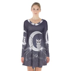 Mandala, Cute Owl On The Moon Long Sleeve Velvet V-neck Dress by FantasyWorld7