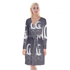 Mandala, Cute Owl On The Moon Long Sleeve Velvet Front Wrap Dress by FantasyWorld7