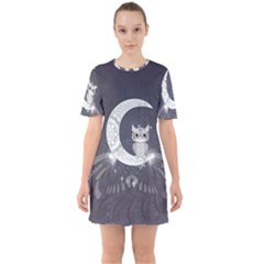 Mandala, Cute Owl On The Moon Sixties Short Sleeve Mini Dress by FantasyWorld7