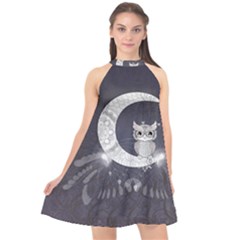 Mandala, Cute Owl On The Moon Halter Neckline Chiffon Dress  by FantasyWorld7