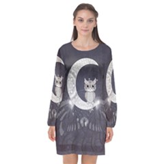 Mandala, Cute Owl On The Moon Long Sleeve Chiffon Shift Dress  by FantasyWorld7