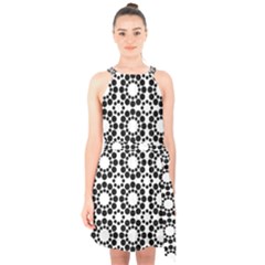 Black White Pattern Seamless Monochrome Halter Collar Waist Tie Chiffon Dress by Celenk