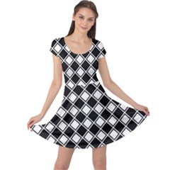 Black White Square Diagonal Pattern Seamless Cap Sleeve Dress by Celenk