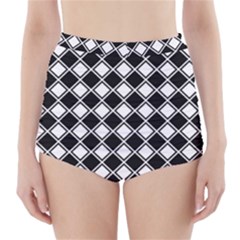 Black White Square Diagonal Pattern Seamless High-waisted Bikini Bottoms by Celenk